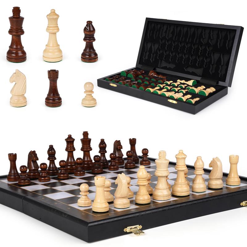 15-Inch Wooden Chess Set – enhanced Folding Wooden Chess Board with Carved Chess Pieces Built-in Storage Portable and Travel-Friendly Chess Game Sets for mature-themeds and Kids