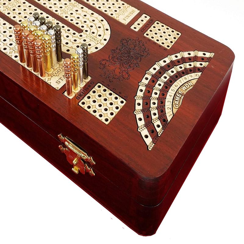 14′ 4 Track Continuous Cribbage Board W/ Card Storage Maple Tracks On Bloodwood – Corner, Skunk & Games Won