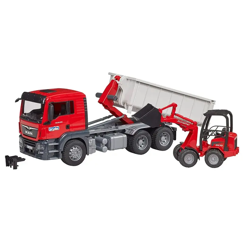 Bruder MAN TGS Truck with Roll-off Container and Schffer Yard Loader